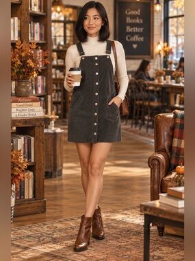 Harper Heritage Large Charcoal Corduroy Button Front Overall Mini Dress